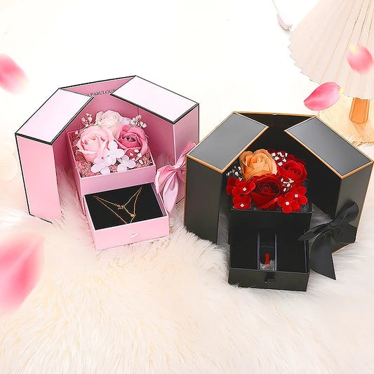 Eternal Soap Rose Flower Gift Box Earring Necklace Storage Case Double Open Drawer Wedding Party Mother's Day Jewelry Packing
