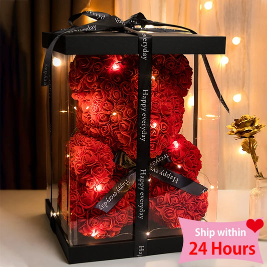 Valentine Gifts Decoration Rose Bear Artificial Flower With Box Lights Teddy Bear For Women Girlfriend Birthday Gift Love Flower