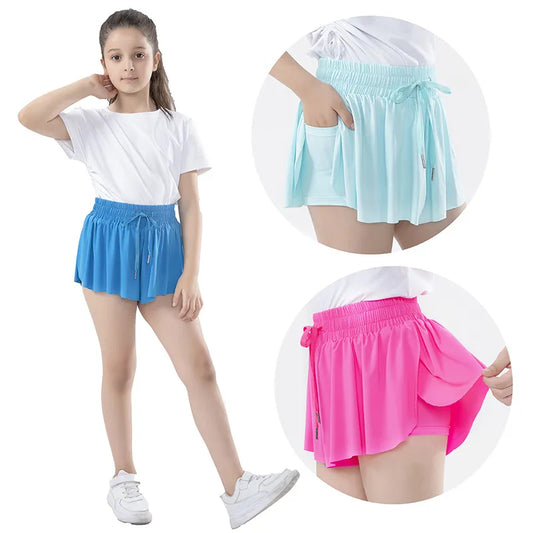 3-15 Years Girls Flowy Shorts Butterfly Shorts With Pocket 2-in-1 Athletic Running Shorts For Kids Active Workout Sports Tennis